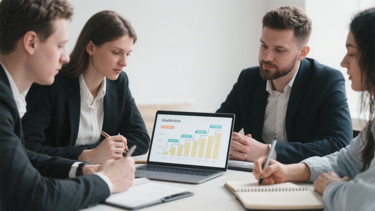 B2B team meeting with notebooks and a pipeline chart on a laptop, demonstrating lead qualification steps and measurable conversion tracking.