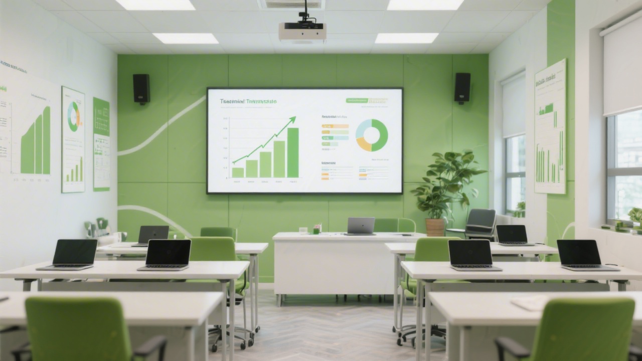 Modern training room with laptops, charts on a large screen, and green accents suggesting measurable growth, clean desks and professional learning atmosphere.