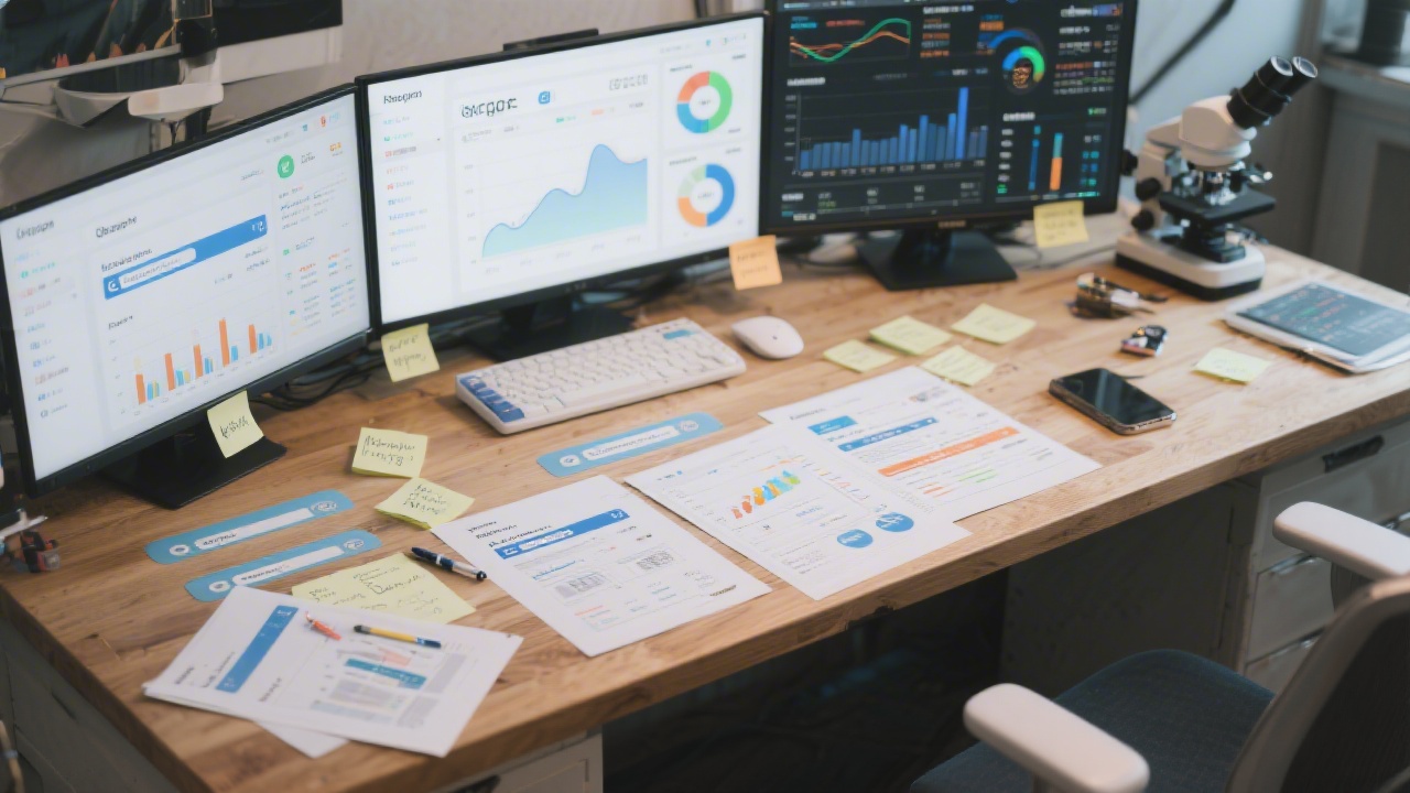 Desk with analytics dashboards, search ad mockups, and keyword notes, demonstrating structured PPC laboratory work for campaign optimization and testing.