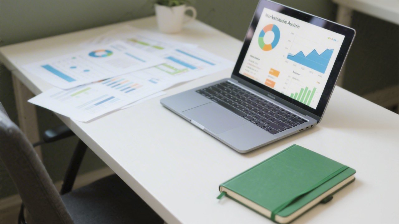 Marketing audit workspace with printed reports, laptop showing campaign metrics, and green notebook, representing a structured review of performance.